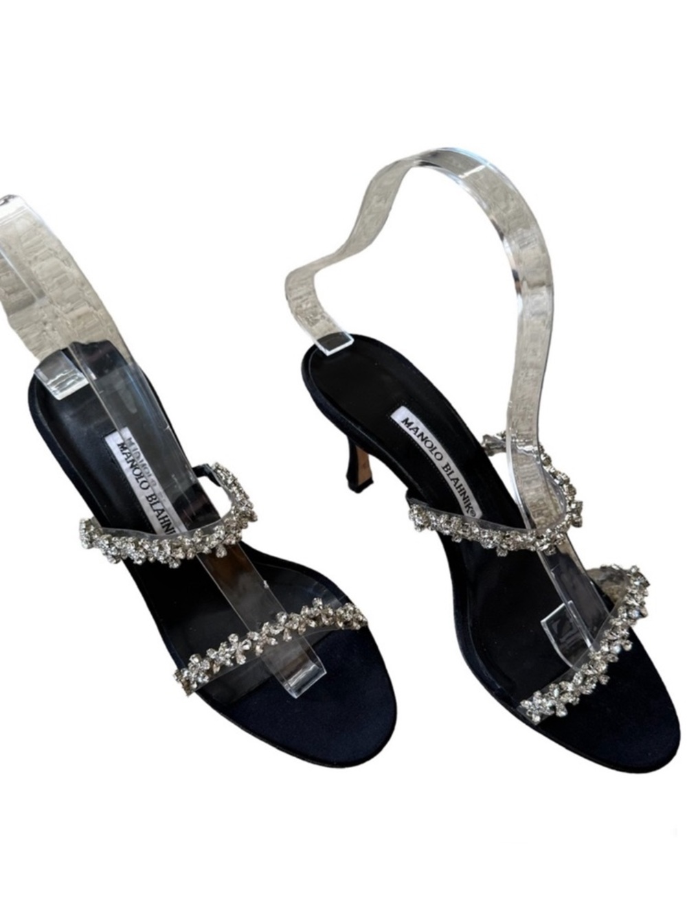 Manolo Blahnik Diora Black Satin Crystal Bands Open Toe Heel Sandals IT 36.5 EUC
